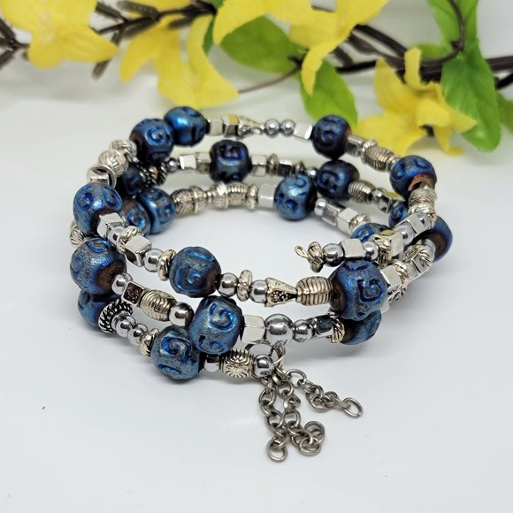 Handmade Jewelry - Unique Blue and Silver Wire Wrap Bracelet - Handmade